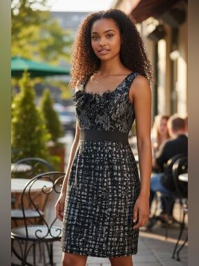 NWT Y2K Taylor Black/Silver Metallic Ruffle Neckline Sheath Cocktail Mini Dress